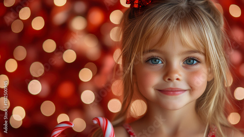 A young girl with blonde hair and blue eyes holds candy canes, beaming with joy against a bright red background filled with holiday lights