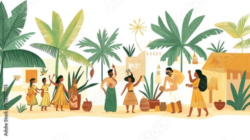 Vibrant illustration of people celebrating in a tropical village.