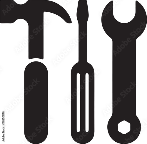 Illustration of an icon featuring a hammer, screwdriver, and wrench arranged in a straight row, symbolizing tools for construction and repair