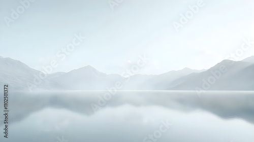 Tranquil Reflections: A Lake's Serene Mirror of Sky and Mountain Simplicity in White