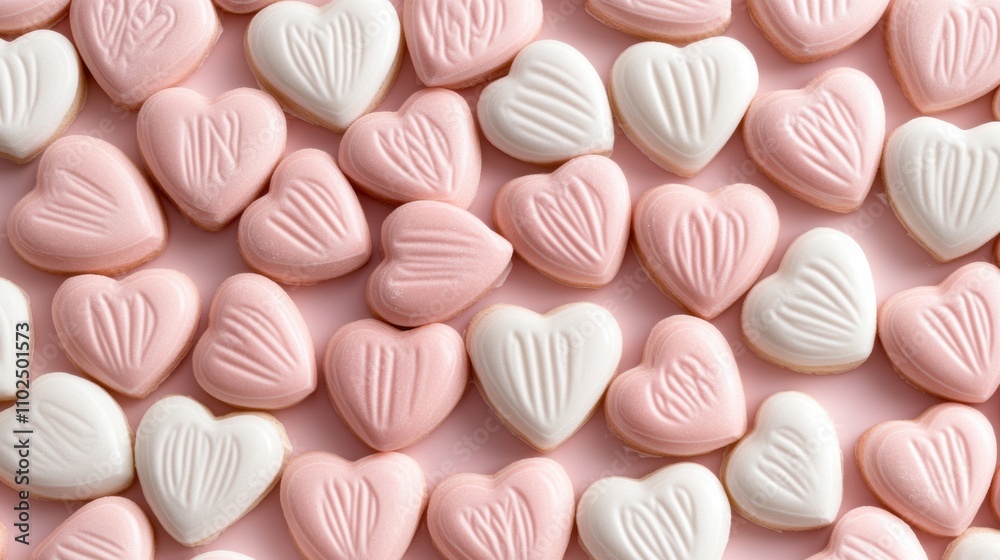 Heart-shaped candies in soft pink and white create a sweet and romantic pattern, AI Heart-shaped candies in soft pink and white create a sweet and romantic pattern, AI