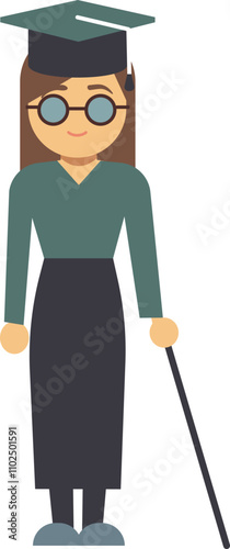 Blind female student. Smart disabled cartoon woman