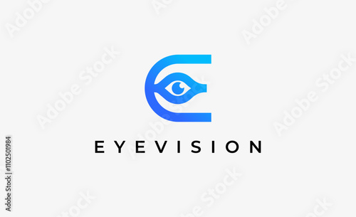Logo Letter E and Eye Vision. Digital, visual with modern and minimalist concept. Editable file.