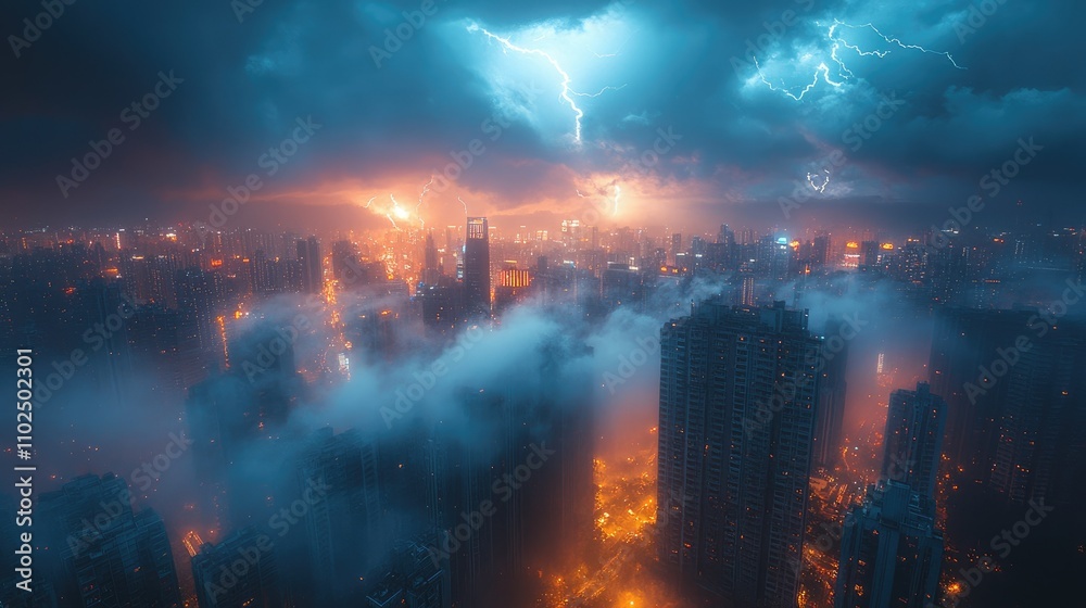 Obraz premium Dramatic cityscape illuminated by lightning amidst stormy clouds and urban fog.