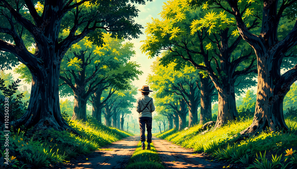 a lone man walking down a tree-lined path under a clear blue sky. a lone man walking down a tree-lined path under a clear blue sky.