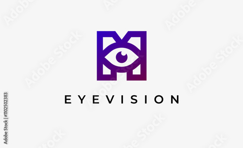 Logo Letter M and Eye Vision. Digital, visual with modern and minimalist concept. Editable file.