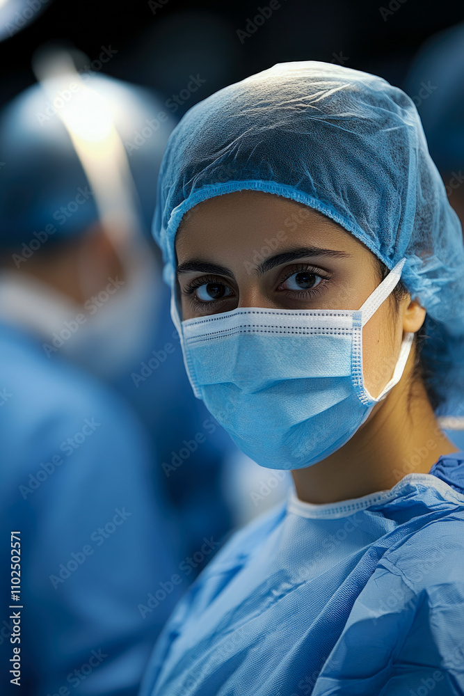 A focused medical professional in scrubs and mask stands ready in a surgical setting, surrounded by her team in blue attire A focused medical professional in scrubs and mask stands ready in a surgical setting, surrounded by her team in blue attire