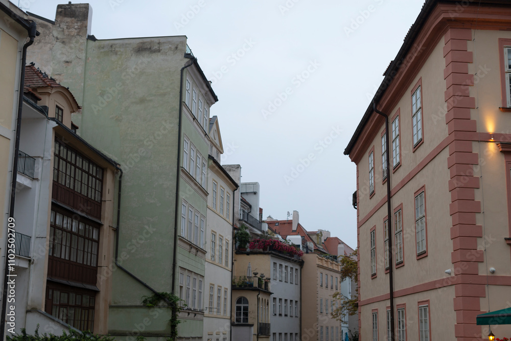Fototapeta premium Historic buildings gracefully align along a narrow, cobblestone alleyway beneath a cloudy sky