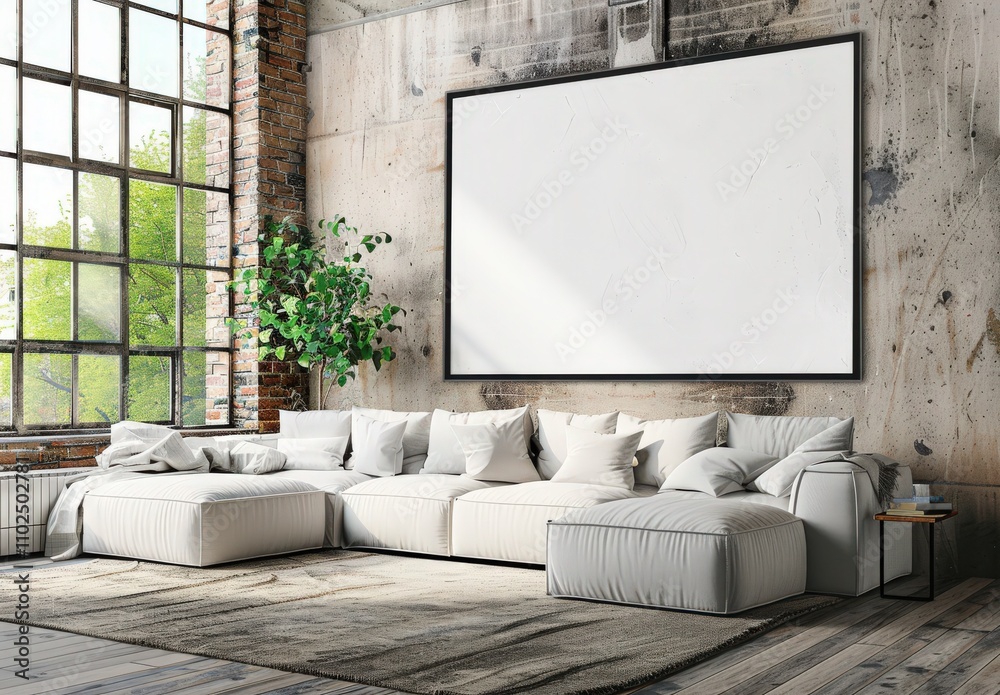 A large. blank picture frame hangs on a concrete wall above a white sectional sofa and a wooden coffee table in a modern. industrial living room A large. blank picture frame hangs on a concrete wall above a white sectional sofa and a wooden coffee table in a modern. industrial living room