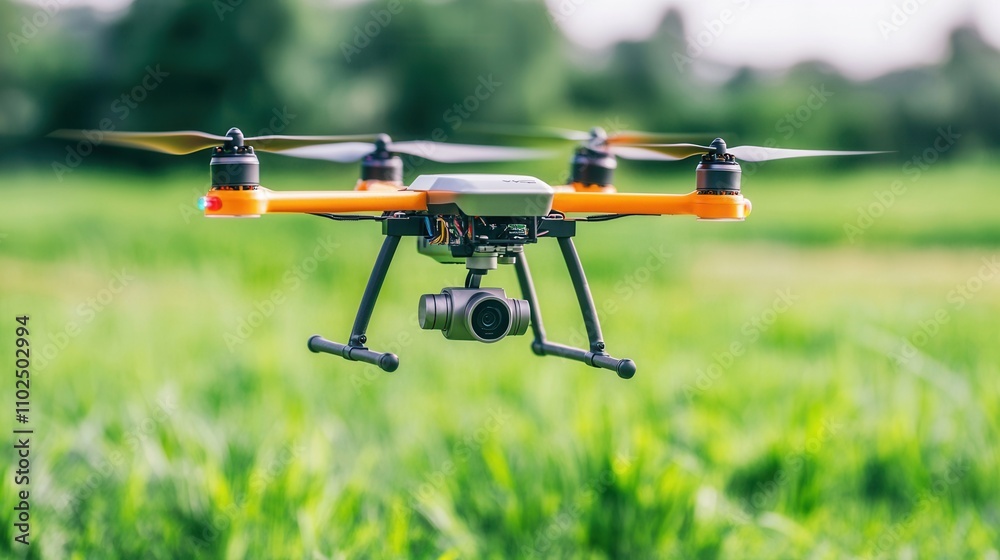 Technologist innovation concept, A vibrant drone hovers over lush green grass, showcasing its sleek design and camera capabilities, perfect for aerial photography and surveying. Technologist innovation concept, A vibrant drone hovers over lush green grass, showcasing its sleek design and camera capabilities, perfect for aerial photography and surveying.