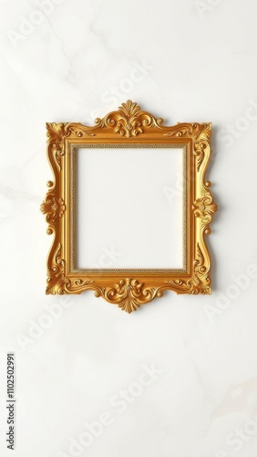 A delicate golden frame sits atop a gleaming white marble background, creating a sense of elegance and sophistication, refined, golden frame, luxury, ornate