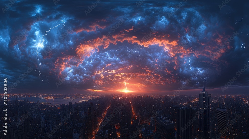 Fototapeta premium Dramatic sunset over a cityscape with vibrant clouds and lightning effects.