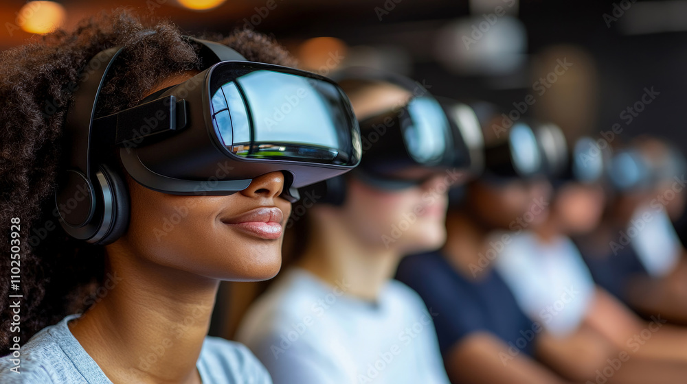 Participants immerse themselves in a virtual reality session, exploring interactive environments at a tech gathering in an urban setting Participants immerse themselves in a virtual reality session, exploring interactive environments at a tech gathering in an urban setting