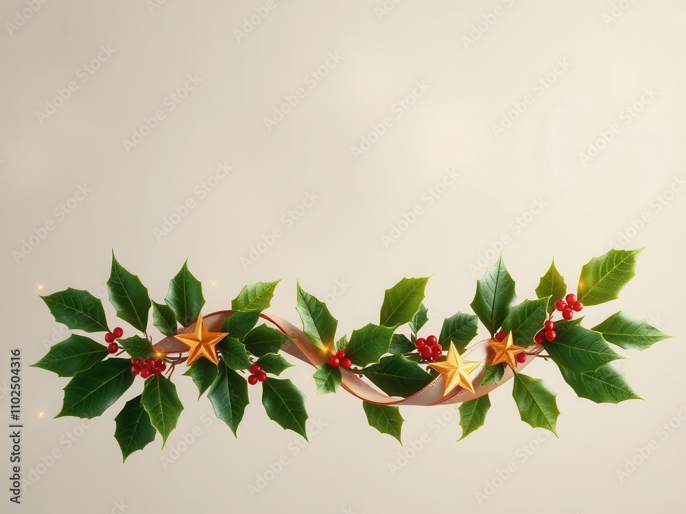 Swirl ribbon Christmas banner with golden stars and holly leaves, black background christmas decor, swirl ribbon christmas banner, holly leaf design Swirl ribbon Christmas banner with golden stars and holly leaves, black background christmas decor, swirl ribbon christmas banner, holly leaf design
