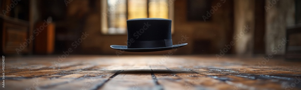 Top hat on a wooden floor in a room, magic Top hat on a wooden floor in a room, magic