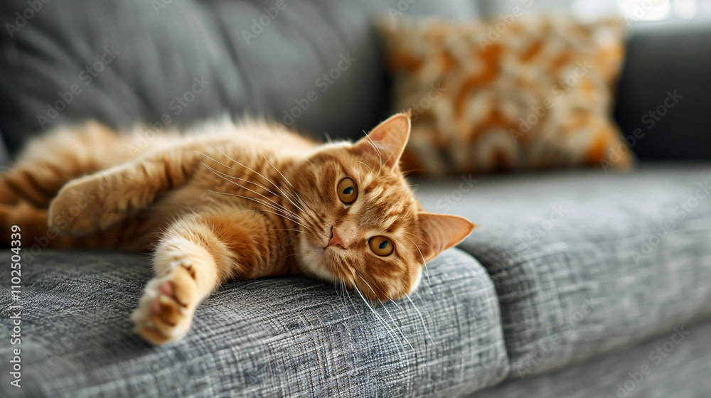 Obraz premium Funny cat lounging on a grey sofa at home.