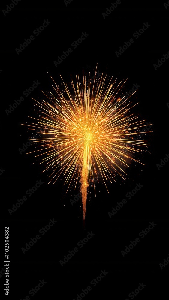 Vibrant golden firework exploding in mid-air against a dark black background with subtle starry night sky effects, golden glow, explosive Vibrant golden firework exploding in mid-air against a dark black background with subtle starry night sky effects, golden glow, explosive