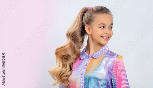 長い髪の毛をポニーテールで一つにまとめて、カラフルなパジャマを着る白人の少女。コピースペースあり。AIで生成 photo