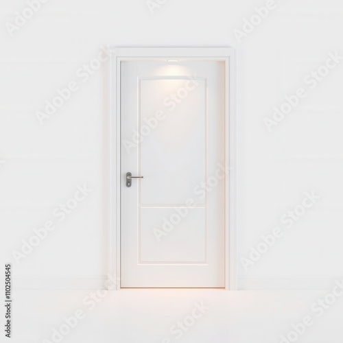 White wooden modern interior door with a soft-close hinge system and subtle LED lighting isolated on a white background, contemporary style, minimalist interior, white interior