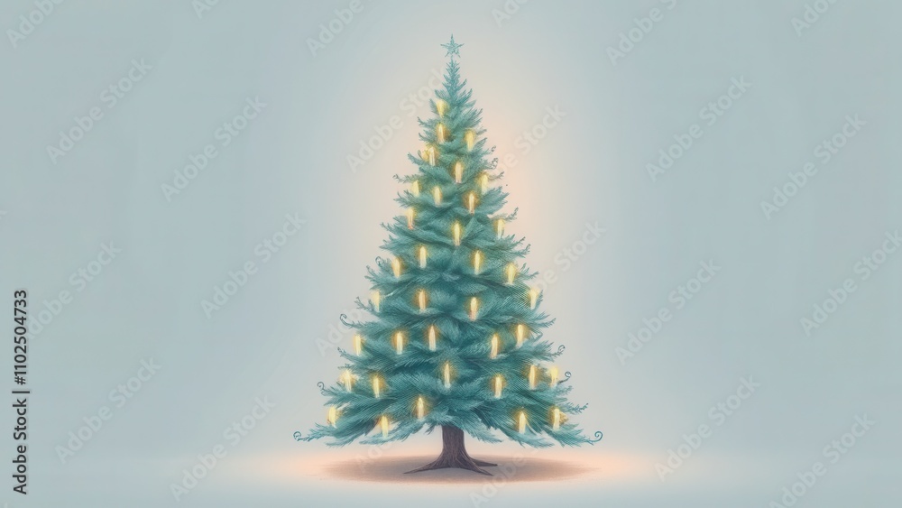 A delicate, hand-drawn Christmas tree stands in a minimalist space, surrounded by soft pastel colors, snowy, gentle, Christmas tree