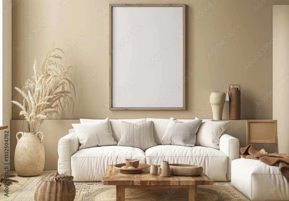 Modern living room interior with a white sofa. a large wooden coffee table. and a large blank poster on the wall Modern living room interior with a white sofa. a large wooden coffee table. and a large blank poster on the wall