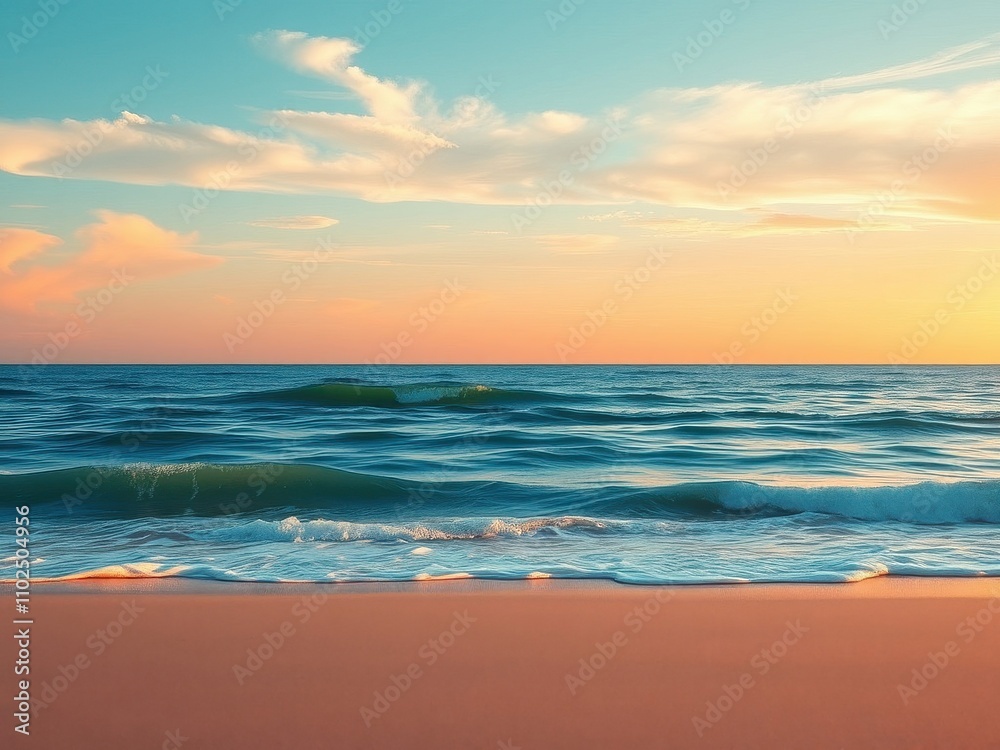 Sunset on a beautiful sandy beach with the soft blue ocean wave gently rolling in, sunset, sandy beach, gentle waves, calm water Sunset on a beautiful sandy beach with the soft blue ocean wave gently rolling in, sunset, sandy beach, gentle waves, calm water