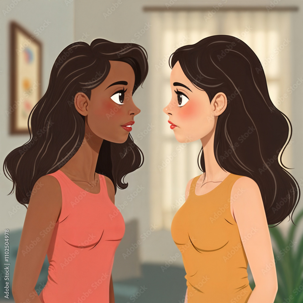 two women standing face to face in a room with a blurred background. They are wearing sleeveless tops and have long, wavy hair. two women standing face to face in a room with a blurred background. They are wearing sleeveless tops and have long, wavy hair.