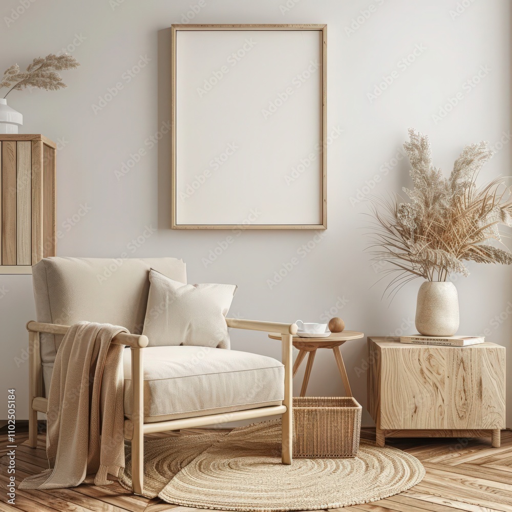 Minimalist living room interior with a large empty frame. wicker armchair. coffee table. and pampas grass in a vase Minimalist living room interior with a large empty frame. wicker armchair. coffee table. and pampas grass in a vase
