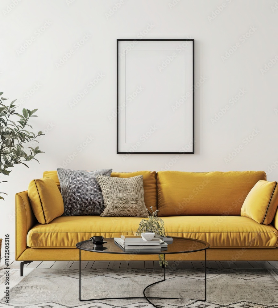 Modern living room interior with yellow sofa. black coffee table. two framed posters. and pendant lamp Modern living room interior with yellow sofa. black coffee table. two framed posters. and pendant lamp