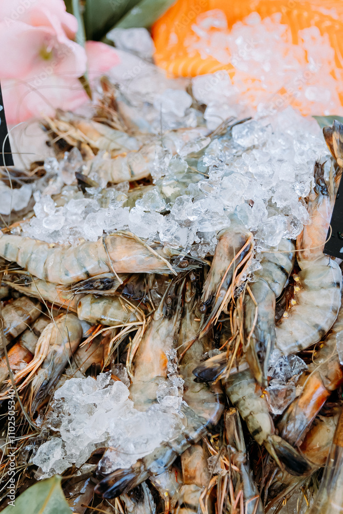 Fresh prawns on ice, perfect for seafood dishes and culinary presentations Fresh prawns on ice, perfect for seafood dishes and culinary presentations