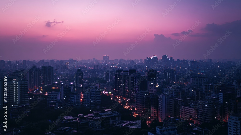 Obraz premium Cityscape with digital network lines at dusk, connected city concept, dark background,