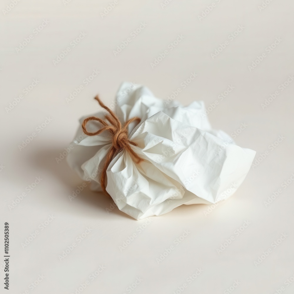 A bundle of crumpled white papers tied together with a brown twine cord, crumpled paper, messy storage, paper clutter, organized mess A bundle of crumpled white papers tied together with a brown twine cord, crumpled paper, messy storage, paper clutter, organized mess