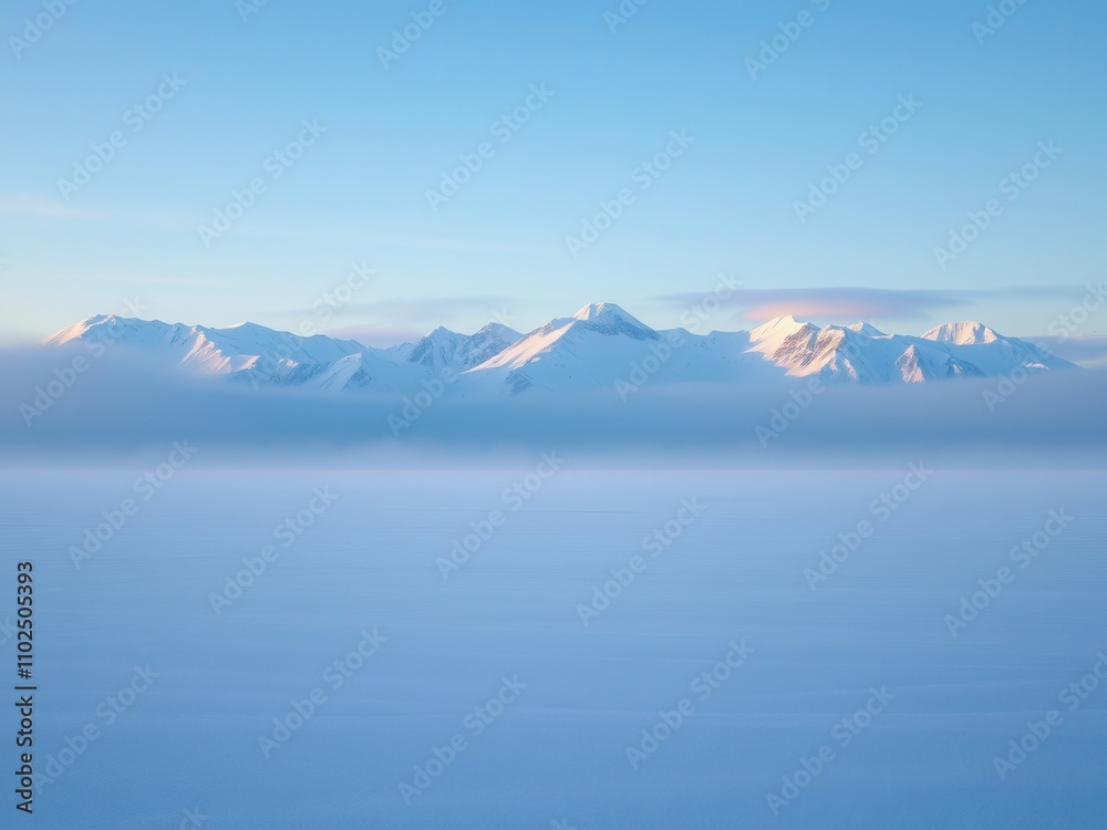 Snowy mountain range with a frozen lake in the foreground , frozen forest, alpine scenery, snowflakes, frozen lake Snowy mountain range with a frozen lake in the foreground , frozen forest, alpine scenery, snowflakes, frozen lake