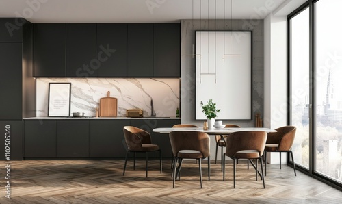 Modern kitchen with a dining table and chairs in a white and black color scheme