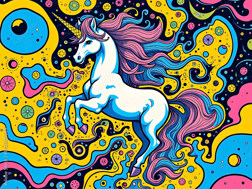 Fototapeta premium Colorful and vibrant psychedelic trippy illustration of a unicorn with white, pink, blue and yellow tones