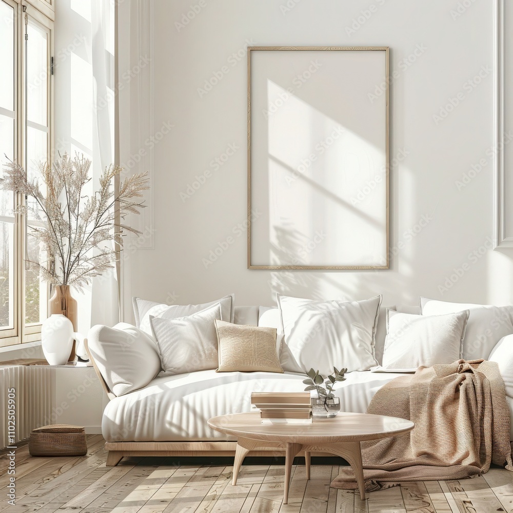 Fototapeta premium Minimalist living room interior with a white sofa. a wooden floor. and a large blank canvas on the wall