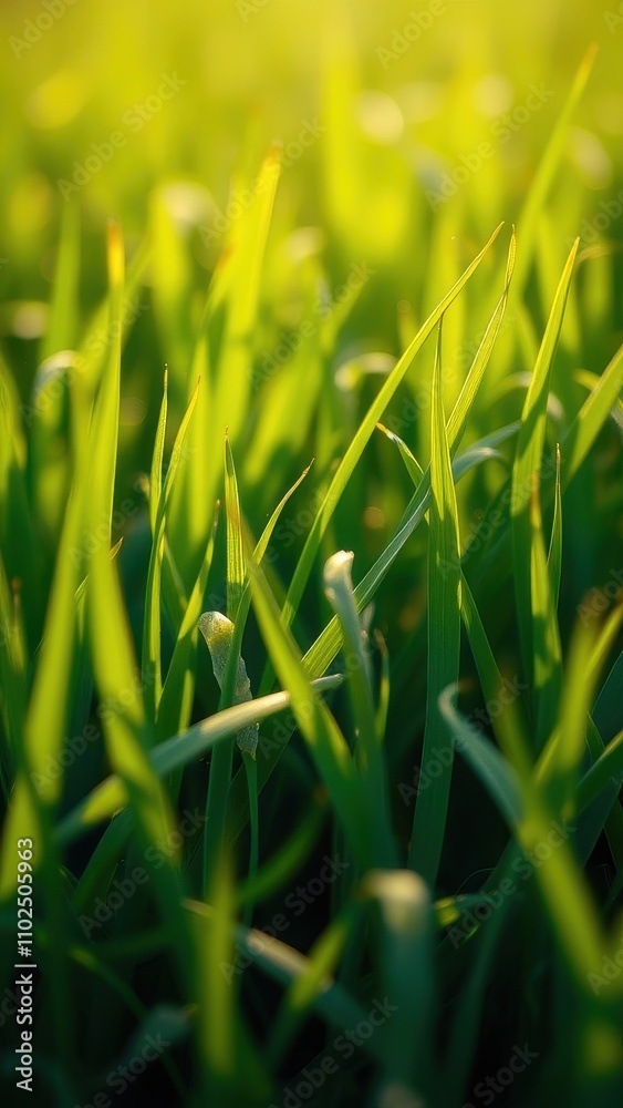 Obraz premium Close-up of fresh spring green grass blades swaying gently in the breeze , close-up, springtime