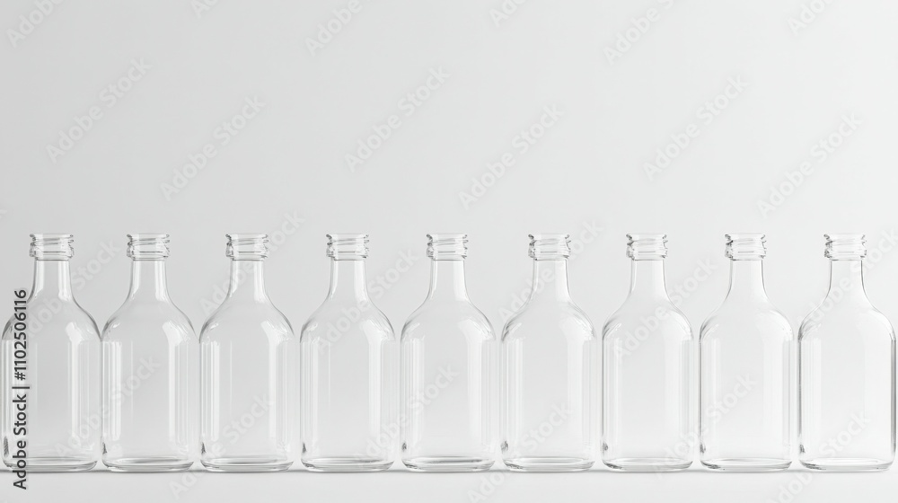 Row of empty glass bottles on a white background, transparent and clear, minimalist aesthetic, soft lighting Row of empty glass bottles on a white background, transparent and clear, minimalist aesthetic, soft lighting