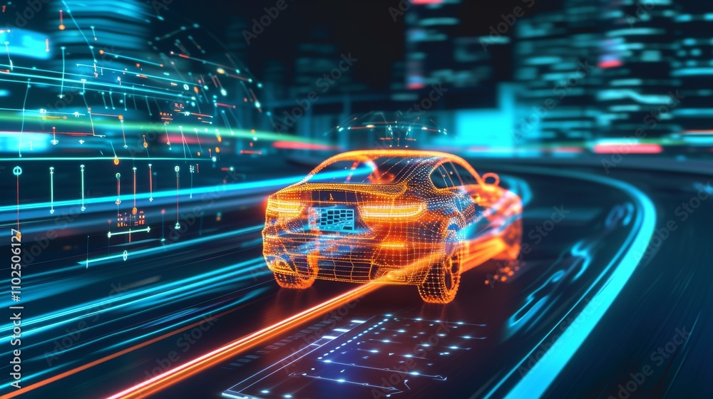 A digital illustration of a futuristic car driving through a high-tech city at night, surrounded by glowing lines and digital elements, symbolizing autonomous technology and smart transportation. AI