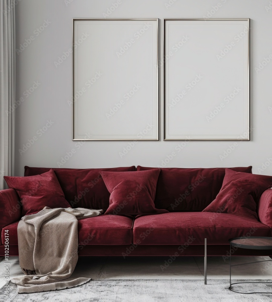 A modern living room with a red velvet sofa. two square picture frames. a coffee table. and potted plants A modern living room with a red velvet sofa. two square picture frames. a coffee table. and potted plants