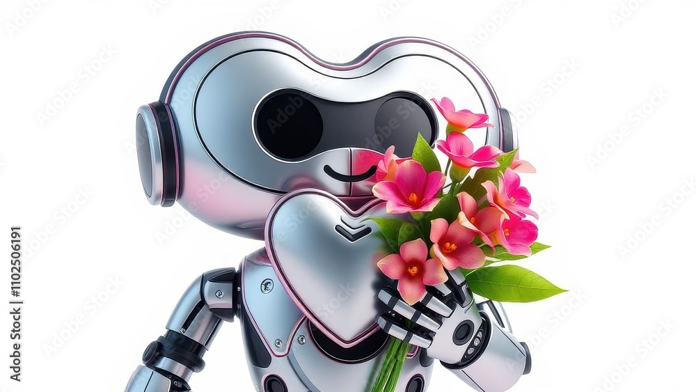A robot with a heart-shaped body and a smiling face holding a bouquet of flowers, affection, love, friendly, robot, sentimental A robot with a heart-shaped body and a smiling face holding a bouquet of flowers, affection, love, friendly, robot, sentimental