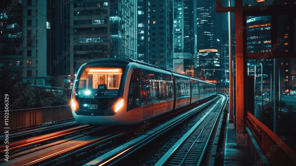 Fototapeta premium Futuristic street car train riding on the track in downtown at night. City of future urban concept