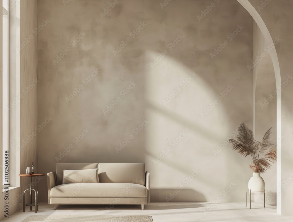 Minimalist living room with a beige sofa. wooden coffee table. and a large empty wall for artwork. perfect for interior design inspiration Minimalist living room with a beige sofa. wooden coffee table. and a large empty wall for artwork. perfect for interior design inspiration
