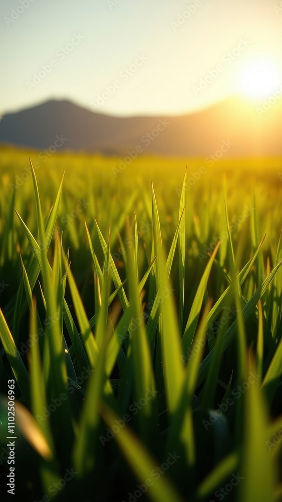 Fototapeta premium lush green grass blades stretching towards sunlight, natural landscape, botanical garden, outdoor scenery