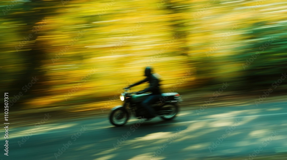 Fototapeta premium Motorcyclist speeding down a road, motion blur effect, outdoor daylight,