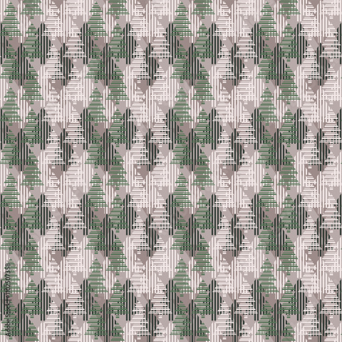 Brown and green seamless vector pattern with striped trees on striped background. Abstract geometric design for wrapping paper, interior decoration and stationery.