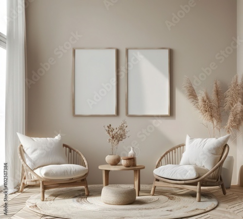 A minimalistic living room with a white couch. a round wooden coffee table. and two empty frames on the wall