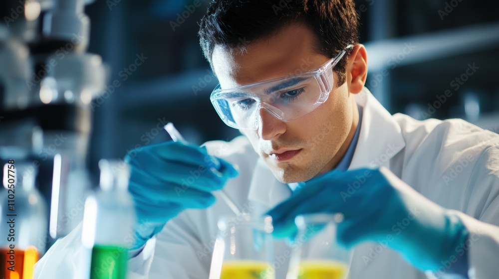 Scientist examining sample in lab, wearing protective gear, laboratory setting, sterile lighting, Scientist examining sample in lab, wearing protective gear, laboratory setting, sterile lighting,
