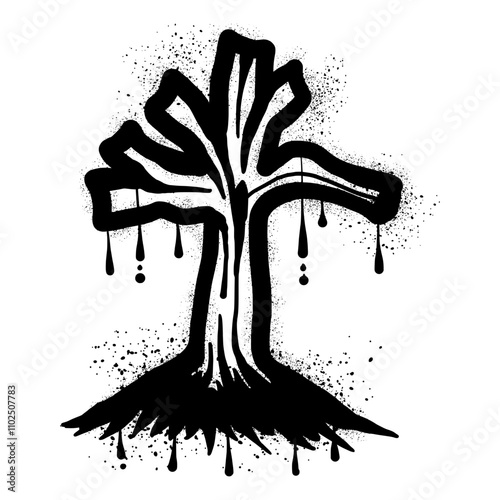 Dry dead tree with black spray paint graffiti