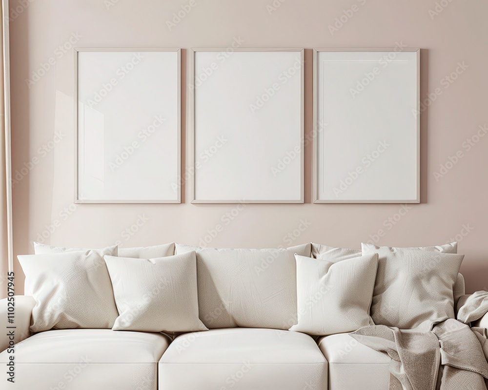 A white couch with beige pillows and a vase of dried flowers sits in front of a wall with three framed prints. one blank and two with blurry floral designs The room is decorated in a minimalist style